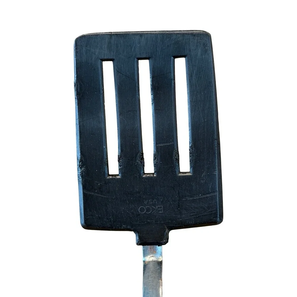 Vintage EKCO USA Slotted Turner Spatula Black Nylon Sage Green Handle USA Made